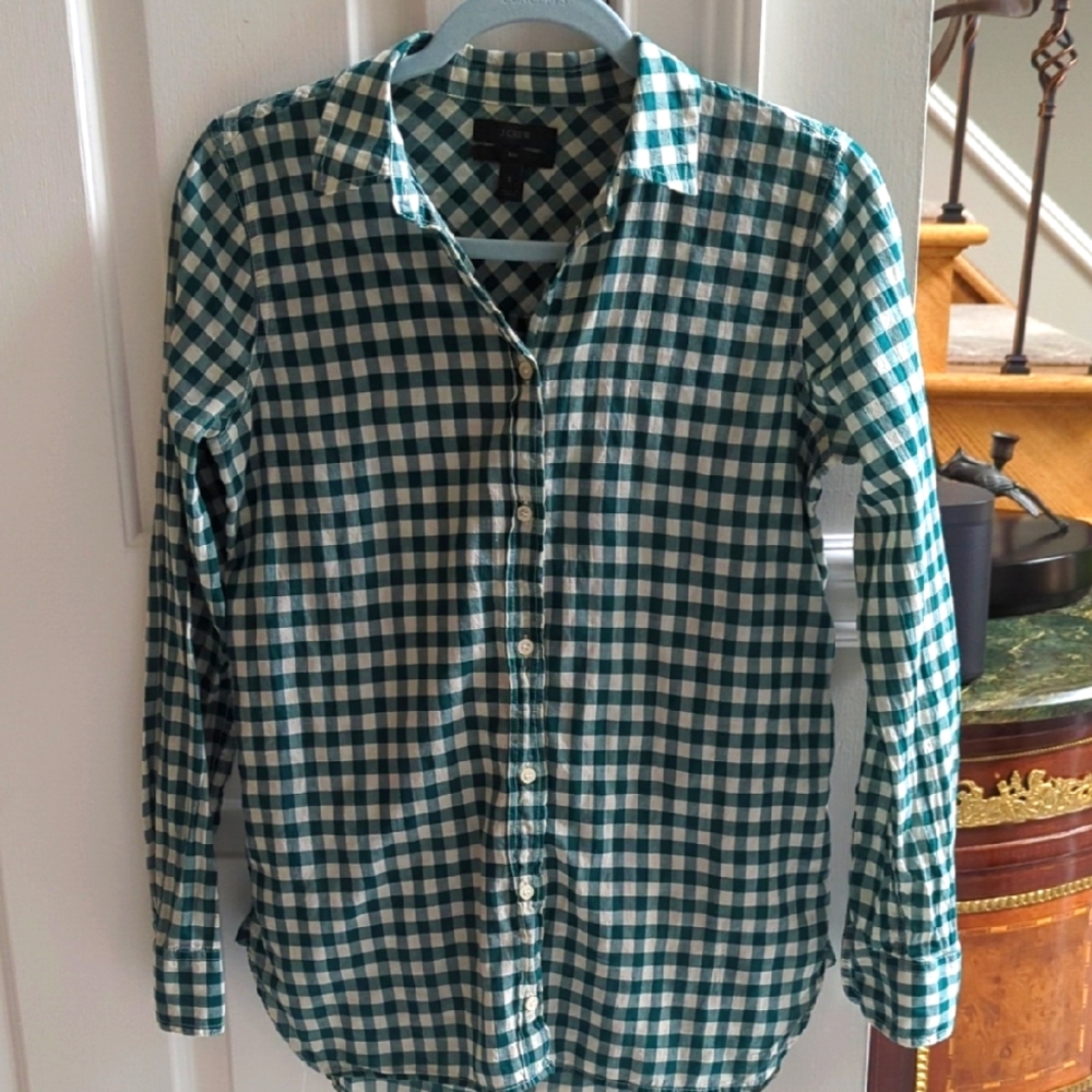 J Crew Women's Green And White Checkered Button Down. Size 0